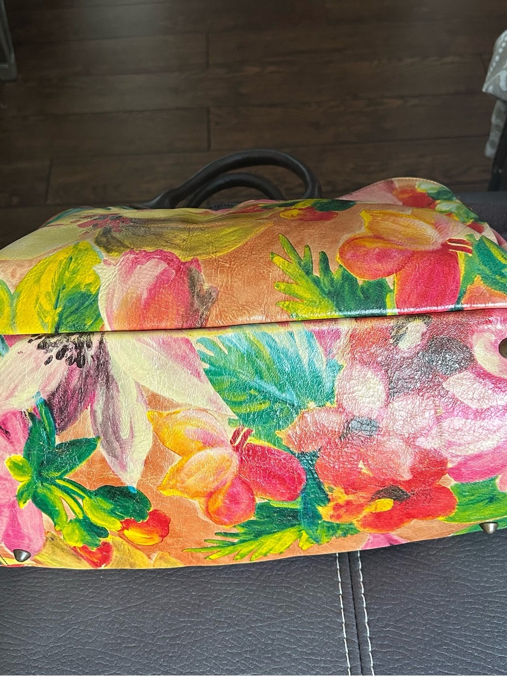 Maurizio Taiuti Floral Leather Tote in Yellow, Pink & Green - Picture 3 of 12